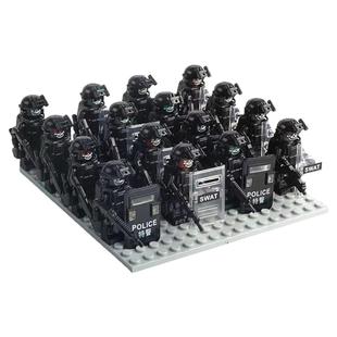中国军事幽灵特种兵积木人仔防爆特警士兵武器枪男孩拼装玩具