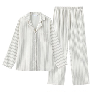 CoZ法兰绒简约条纹衬衫长裤宽松柔软100棉睡衣家居服25新款翻领
