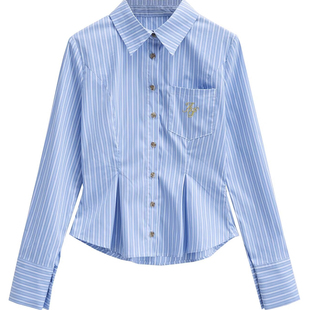 棉洋 英伦学院风小口袋收腰衬衫女 ins高校甜妹字母刺绣条纹衬衣