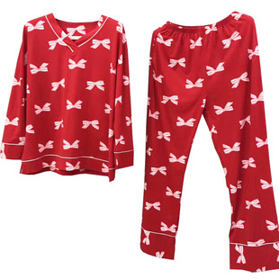 莉安琪正品新款短长袖裤针织人棉大红印花蝴蝶结女睡衣家居服