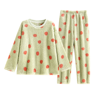 悦内睡衣女款秋冬季冬款加绒加厚保暖法兰绒珊瑚绒家居服圆领套头