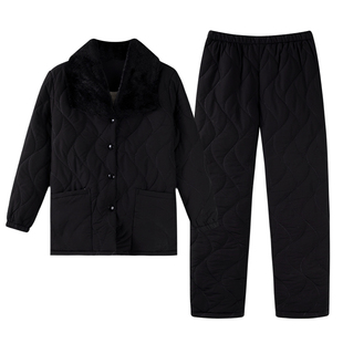 猫人女士睡衣冬季羽绒棉三层夹棉保暖加厚加绒妈妈大码家居服套装