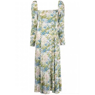 reformation法式碎花方领泡泡袖连衣裙子女高端礼服裙kaia小黑裙