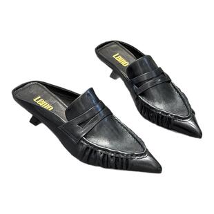 欧洲站女鞋2026年春夏新款尖头中跟半拖鞋女真皮时尚细跟单鞋欧货