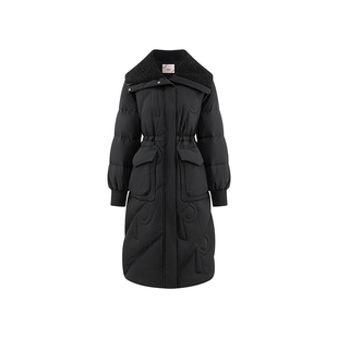 艾莱依冬季新款羽绒服仿羊羔毛领设计感拼接长款气质加厚过膝外套