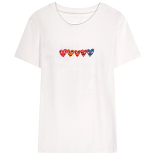 今屿花花 白色印花短袖t恤上衣女夏款新款2025显瘦正肩半袖修身