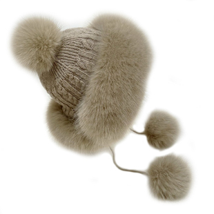 冬季儿童帽子女狐狸毛加绒加厚亲子毛线帽男女宝宝护耳针织雷锋帽