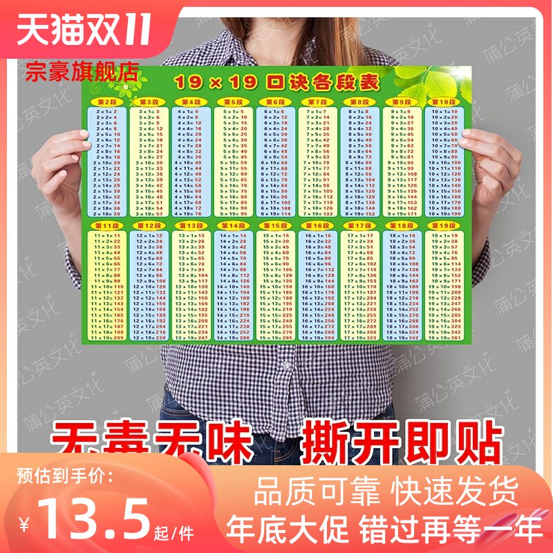 数学知识19x19乘法口诀表速算口算表教室班级装饰教材用具墙贴画