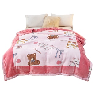 高端拉舍尔毛毯加厚盖毯被子冬季保暖珊瑚法兰绒双层粉色卡通毯子