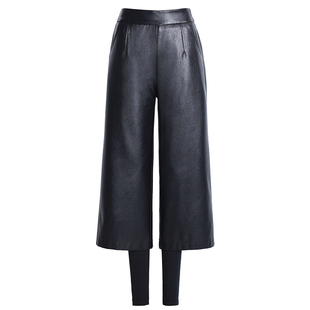 海宁真皮皮裤女绵羊皮八分九分阔腿裤秋冬新款欧美宽松加厚连体裤