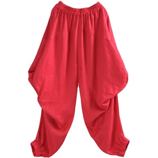 易见春夏新款文艺民族风宽松大码灯笼裤白色亚麻休闲阔腿长裤女