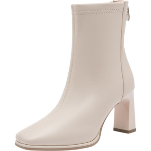 大东女鞋时装靴2025冬季新款通勤粗跟高跟时装靴方头中筒女靴短靴