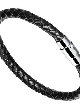 黑色牛皮磁铁扣钛钢男士韩版手环