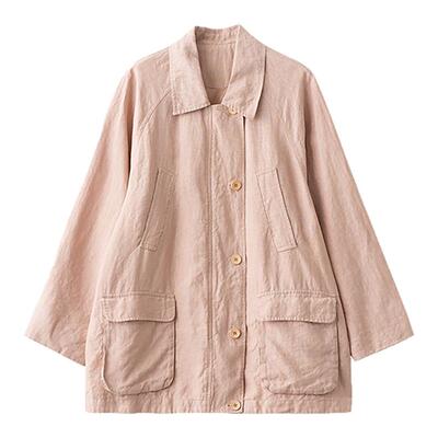 梭家｜夏日纸飞机｜文艺复古粉色亚麻长袖外套春夏女大口袋上衣