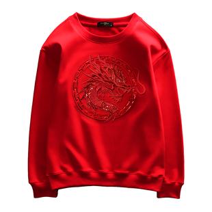本命年男装时尚高奢刺绣龙图案卫衣男秋冬新款加绒百搭无帽上衣龙