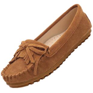 高级翻毛豆豆鞋女真皮中老年单鞋流苏定制气质软底轻便秀气乐福鞋