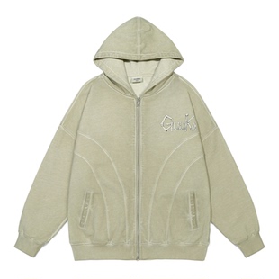 李昀锐同款GUUKA做旧上衣骨头印花连帽衫宽松 废土风重磅开衫卫衣