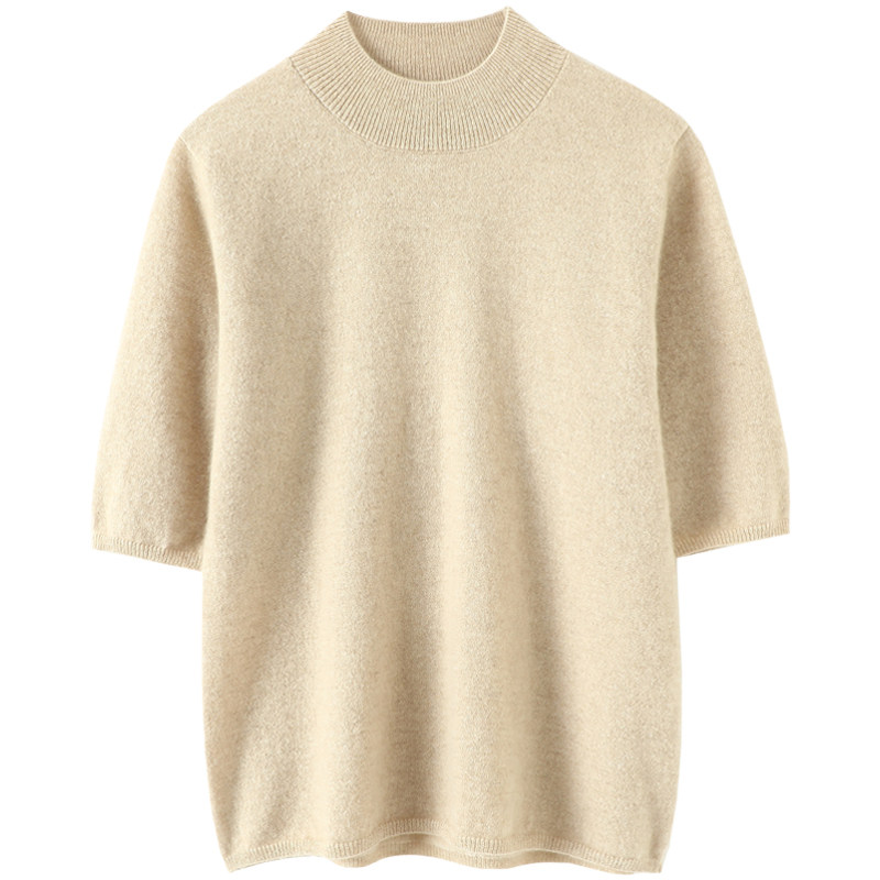 气质内涵迷人！半高领山羊绒衫女五分袖纯羊绒毛衣针织衫中袖新款