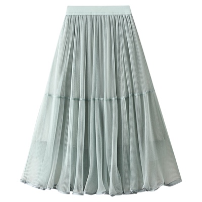 8813-中长款网纱百褶半身裙