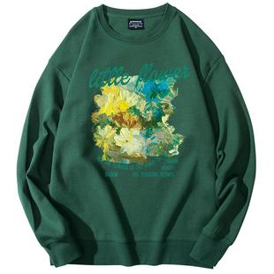 小众原创插画师橄榄绿圆领卫衣女春秋薄款宽松显白高级感无帽上衣