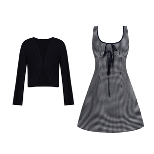 Even一雯【首尔女高】韩系修身藏青格连衣裙女夏设计感吊带短裙