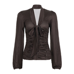 FUNOFF 法式复古棕色波点V领绑带纽扣长袖衬衫简约修身收腰上衣女