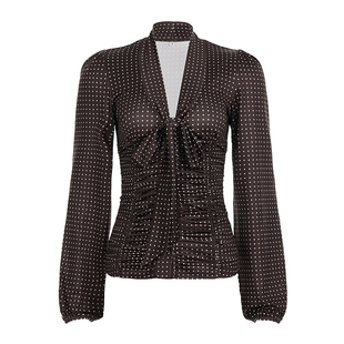 FUNOFF 法式复古棕色波点V领绑带纽扣长袖衬衫简约修身收腰上衣女