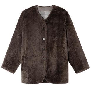 PSALTER诗篇皮毛一体不显臃肿小三角V领羊毛革皮草外套冬款