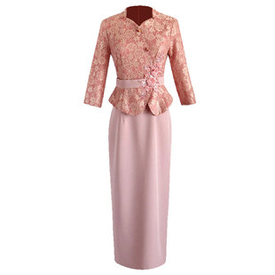 多丽琦气质粉色蕾丝旗袍女长袖收腰显瘦婚宴装高贵妈妈礼服连衣裙