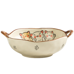 碗家用沙拉碗陶瓷双耳汤碗面碗家用一人食大碗餐具日式石锅拌饭碗