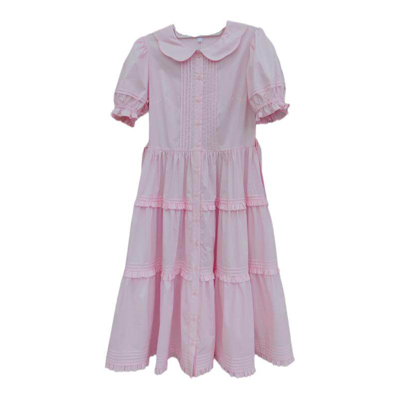 手作服塔克褶甜美花瓣领大摆裙