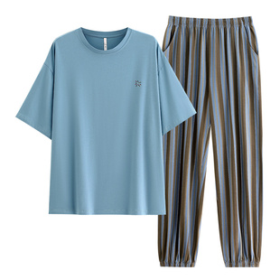 悦内睡衣女士夏季纯棉短袖长裤家居服夏款收束裤脚休闲可外穿套装