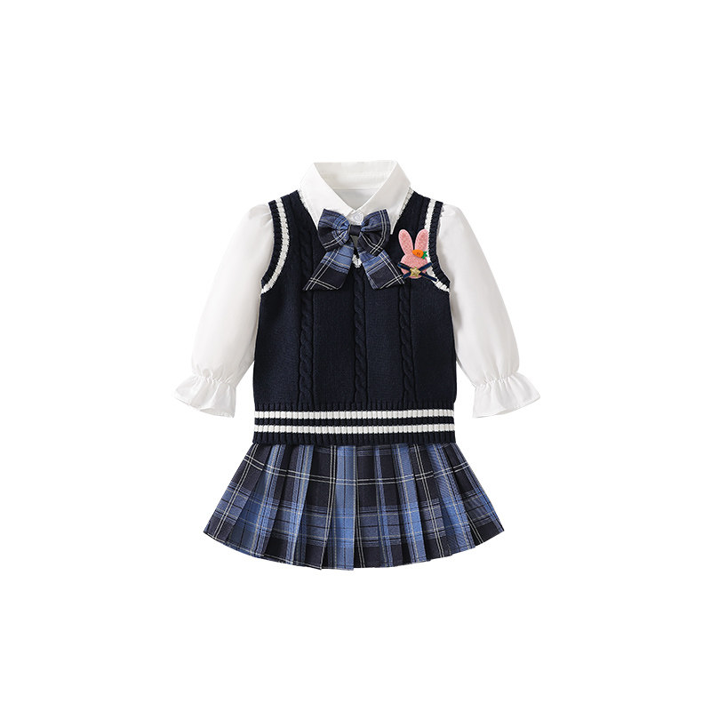 女童秋装2026新款兔子警官毛衣三件套学院风套装儿童衣服jk裙子秋