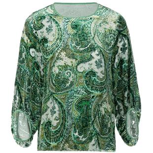 名师路七分袖丝绒提花上衣女灯笼袖碎花衬衫桑蚕丝早春新款