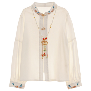 女童长袖衬衫2025秋款明制汉服改良版国风汉元素白色上衣刺绣衬衫