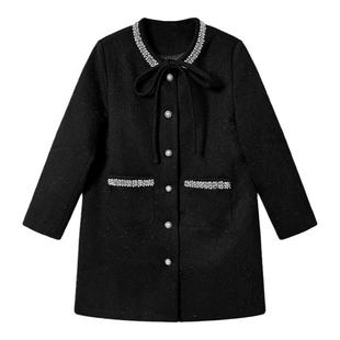 dfvc黑色小香风毛呢连衣裙女2026年春季新款钉珠小个子大衣外套厚