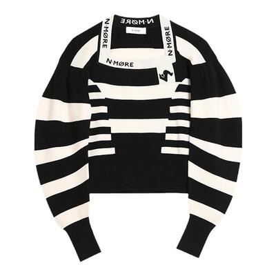 黑白条纹视错拼接方领针织衫