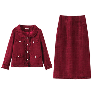 300斤新年加厚夹棉小香套装胖莹莹大码女装春季毛边厚外套半身裙