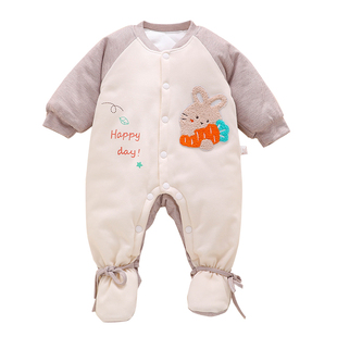 小月龄宝宝初冬衣服深秋冬季外出包脚棉服纯棉婴儿连体衣加厚夹棉