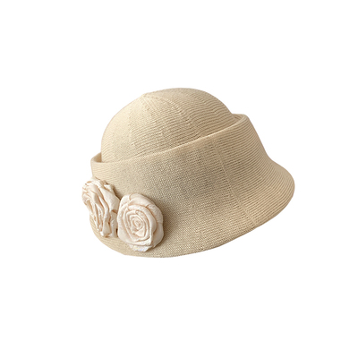 赫本风山茶花亚麻卷边贝雷帽薄款