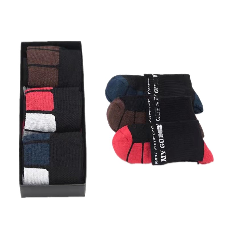 3双装男士袜子竹纤维脚底色块半毛圈运动袜男袜四季绣男士中筒袜
