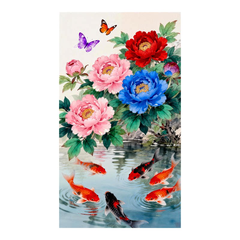 中式牡丹花锦鲤装饰画玄关画客厅背景墙贴纸无框画芯自粘贴画