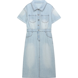 【播奥莱】播凉感牛仔连衣裙女夏季衬衫领优雅长裙DDR2LD5749