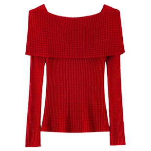 【一肩星光】奕辰2025秋季新款华夫格一字肩针织衫细闪修身长袖女