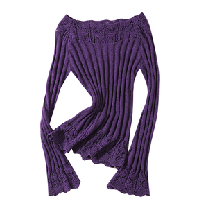 大于诗集 忽而今夏 法式镂空花边粗坑条打底针织衫女修身显瘦上衣