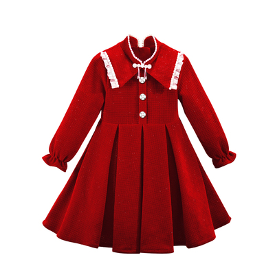 女童连衣裙秋冬2025冬装儿童礼服长袖公主裙富家千金红色裙子冬季