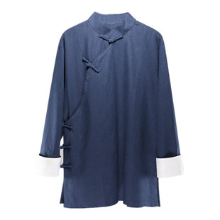 中国风春秋苎麻长袖衬衫男式盘扣复古文艺棉麻布纯色斜襟立领上衣