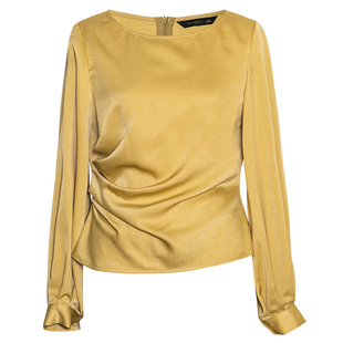 罗衣知性优雅褶皱修身衬衫女春日约会浪漫气质黄色圆领衬衣12702