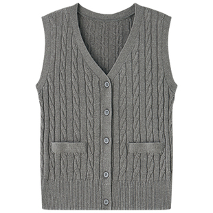 Halo Luu 麻花v领灰色针织马甲女开衫春季韩系叠穿坎肩背心短上衣