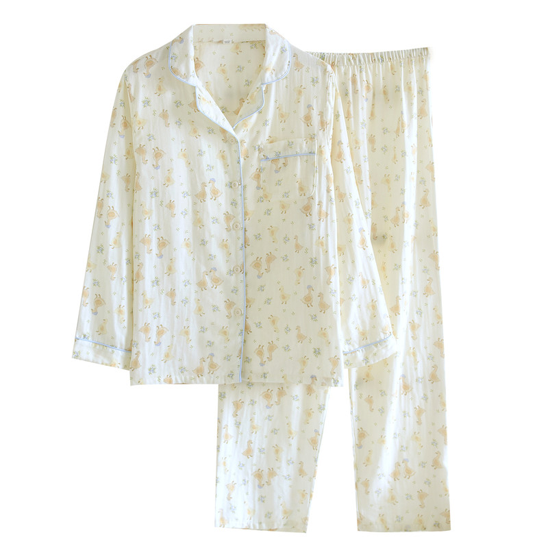 夏季纯棉纱布睡衣女长袖长裤套装家居服卡通鸭子米色可爱